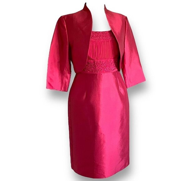 Talbots Womens Dress Set Sz 6 Red Silk Beaded Embroidered Sheath Bolero Jacket - Picture 1 of 14
